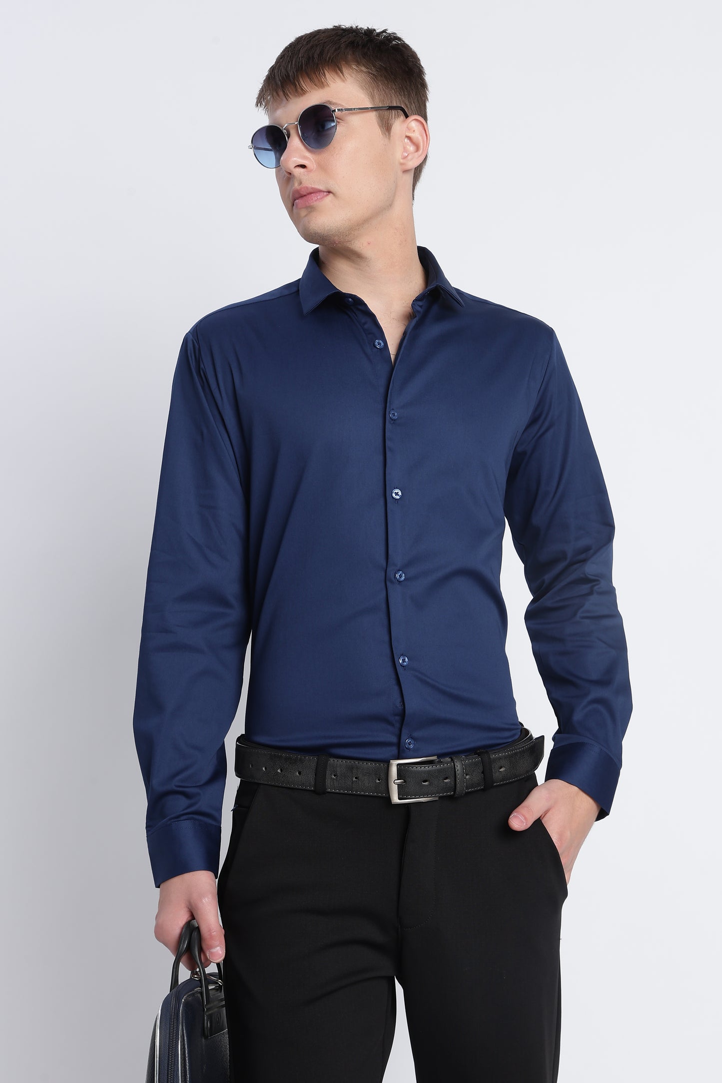 Refined Satin Finish Slim Fit Shirt Navy
