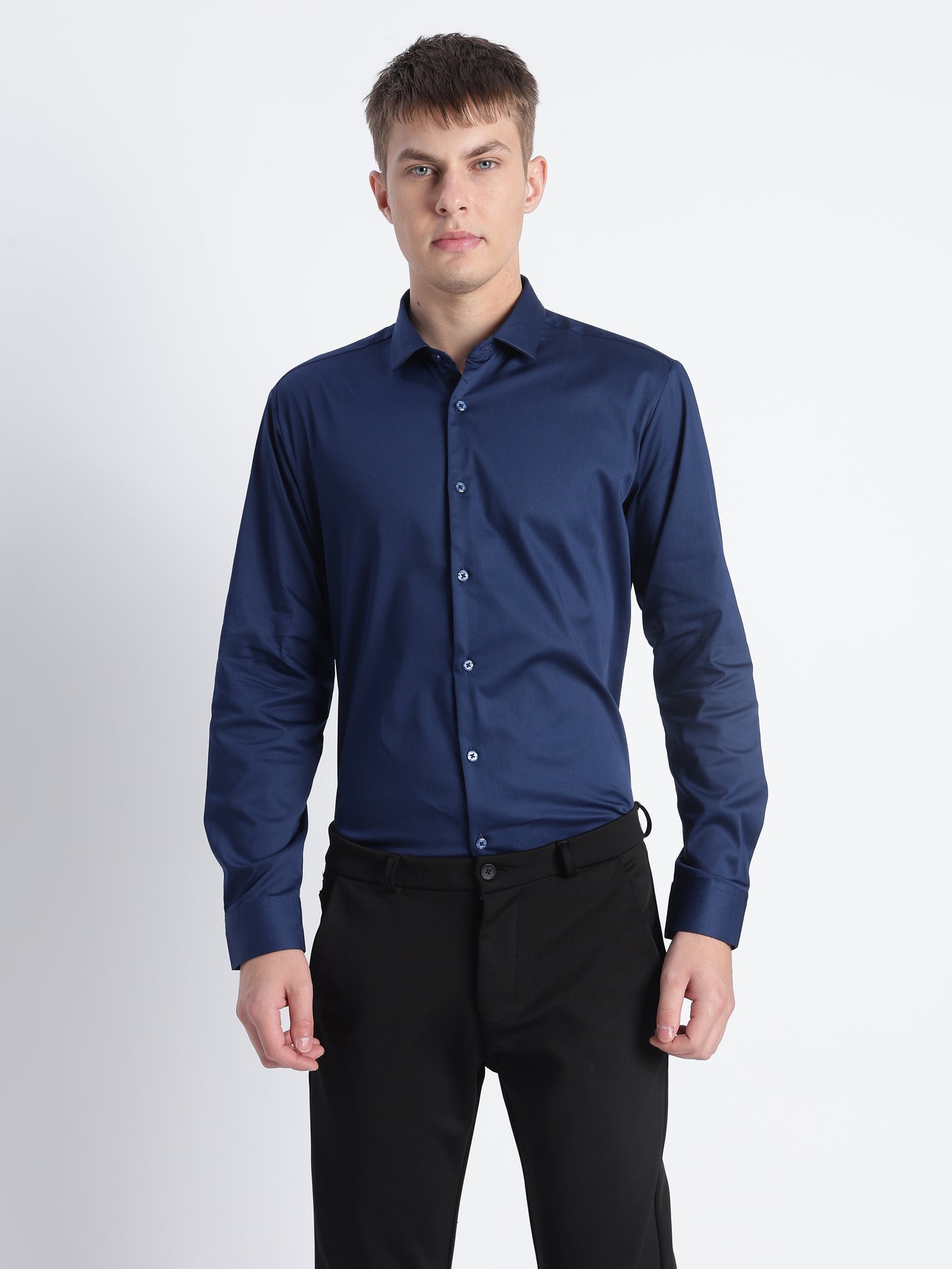 Refined Satin Finish Slim Fit Shirt Navy