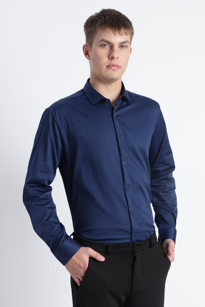 Refined Satin Finish Slim Fit Shirt Navy