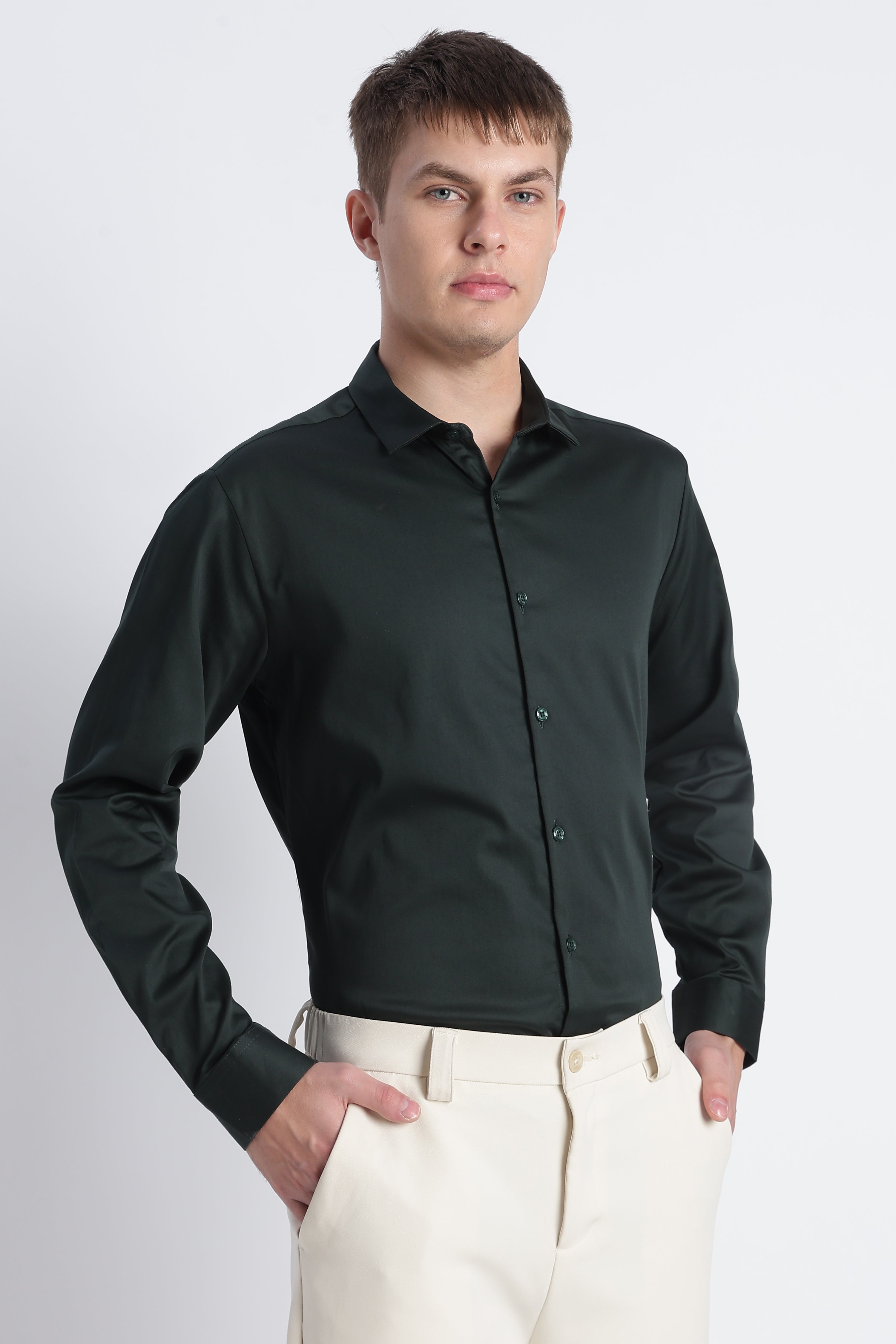 Refined Satin Finish Slim Fit Shirt Dk Green