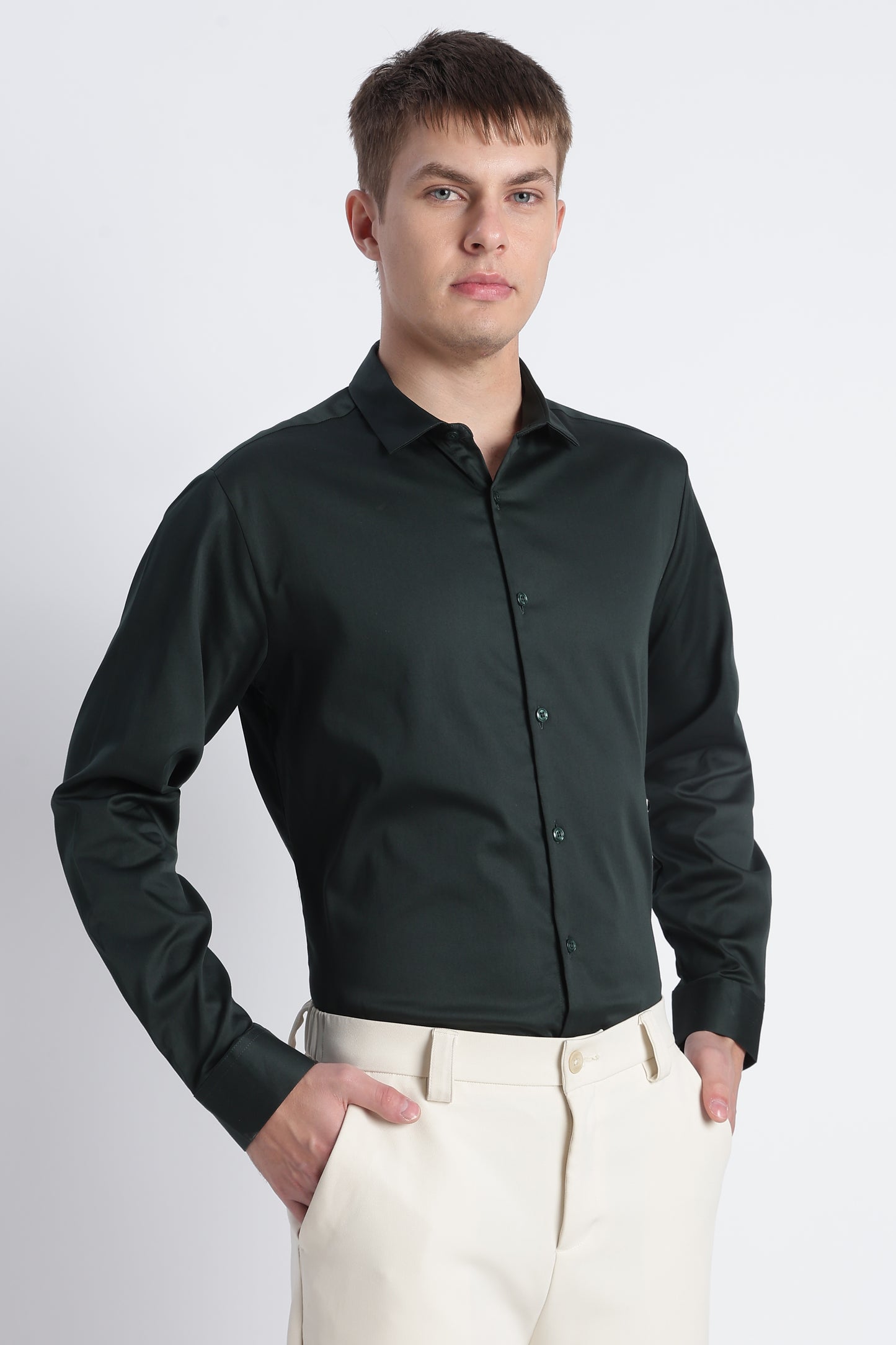 Refined Satin Finish Slim Fit Shirt Dk Green