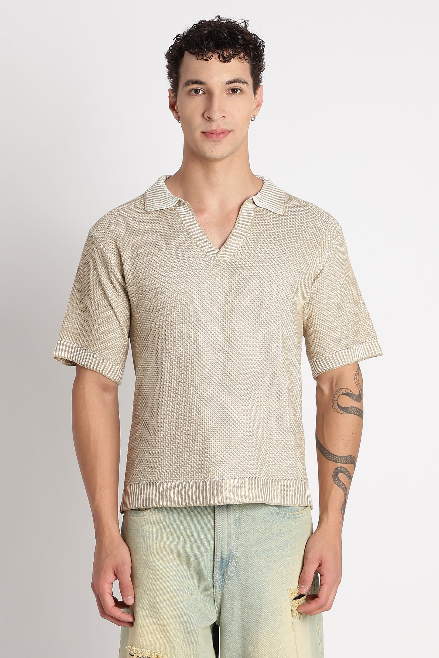 Modern Loose Fit with Ribbed Finish T-Shirt Beige