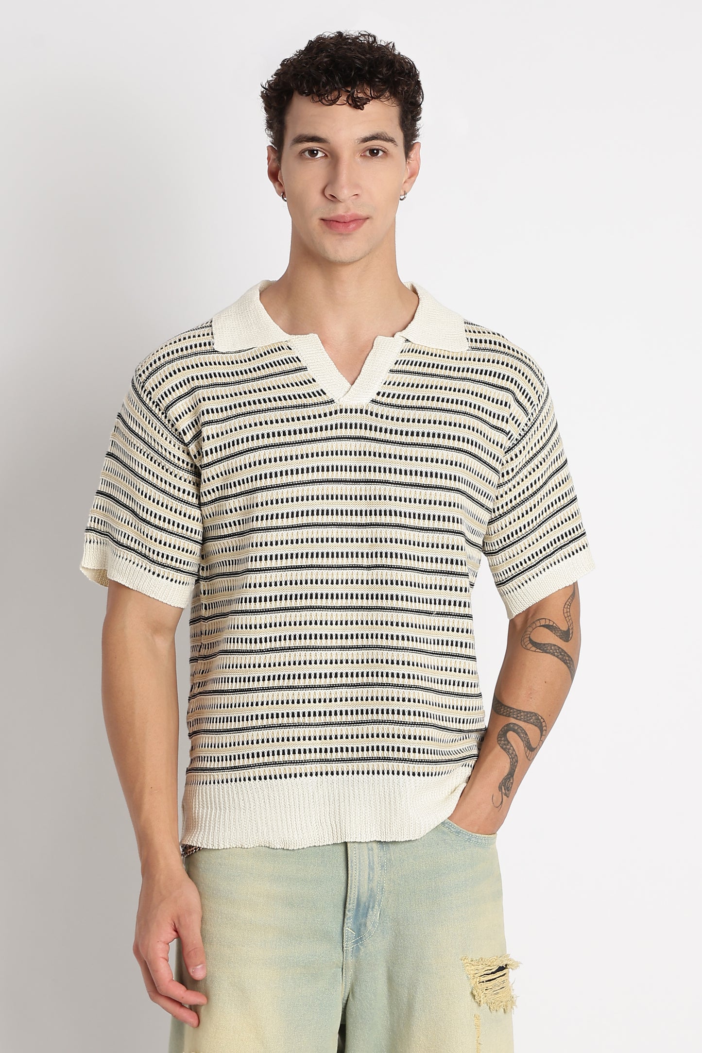 Stylish Striped Knit T-Shirt Beige
