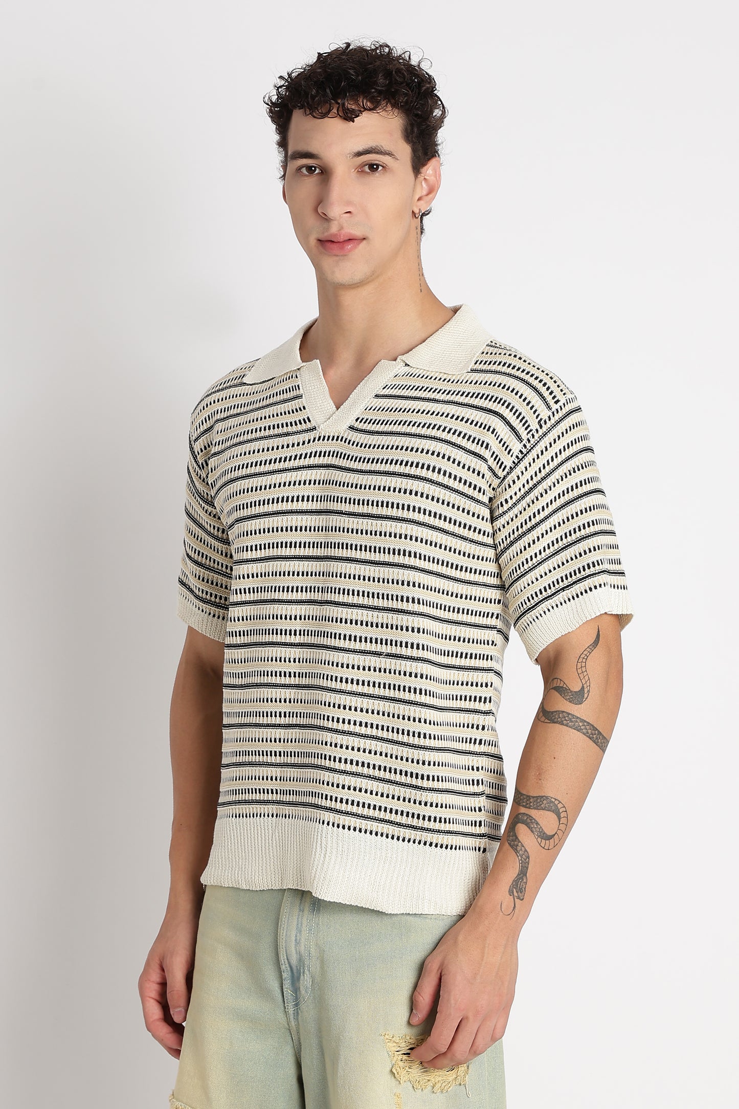 Stylish Striped Knit T-Shirt Beige