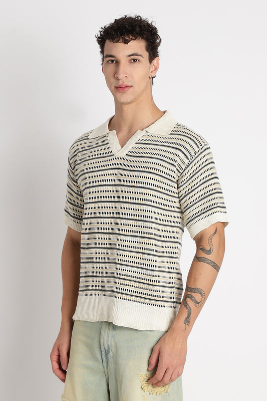 Stylish Striped Knit T-Shirt Beige
