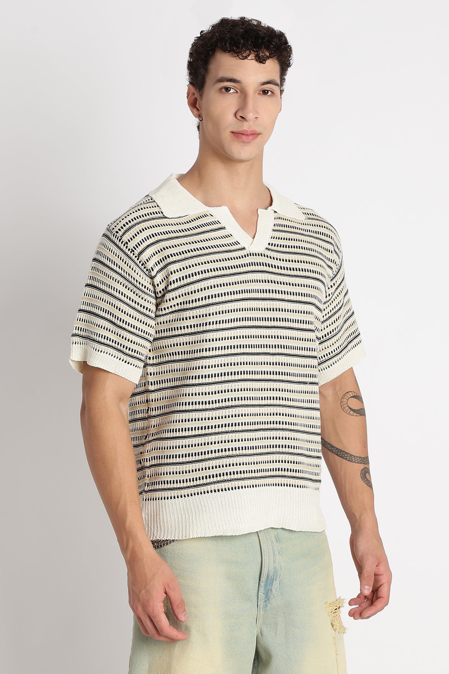 Stylish Striped Knit T-Shirt Beige