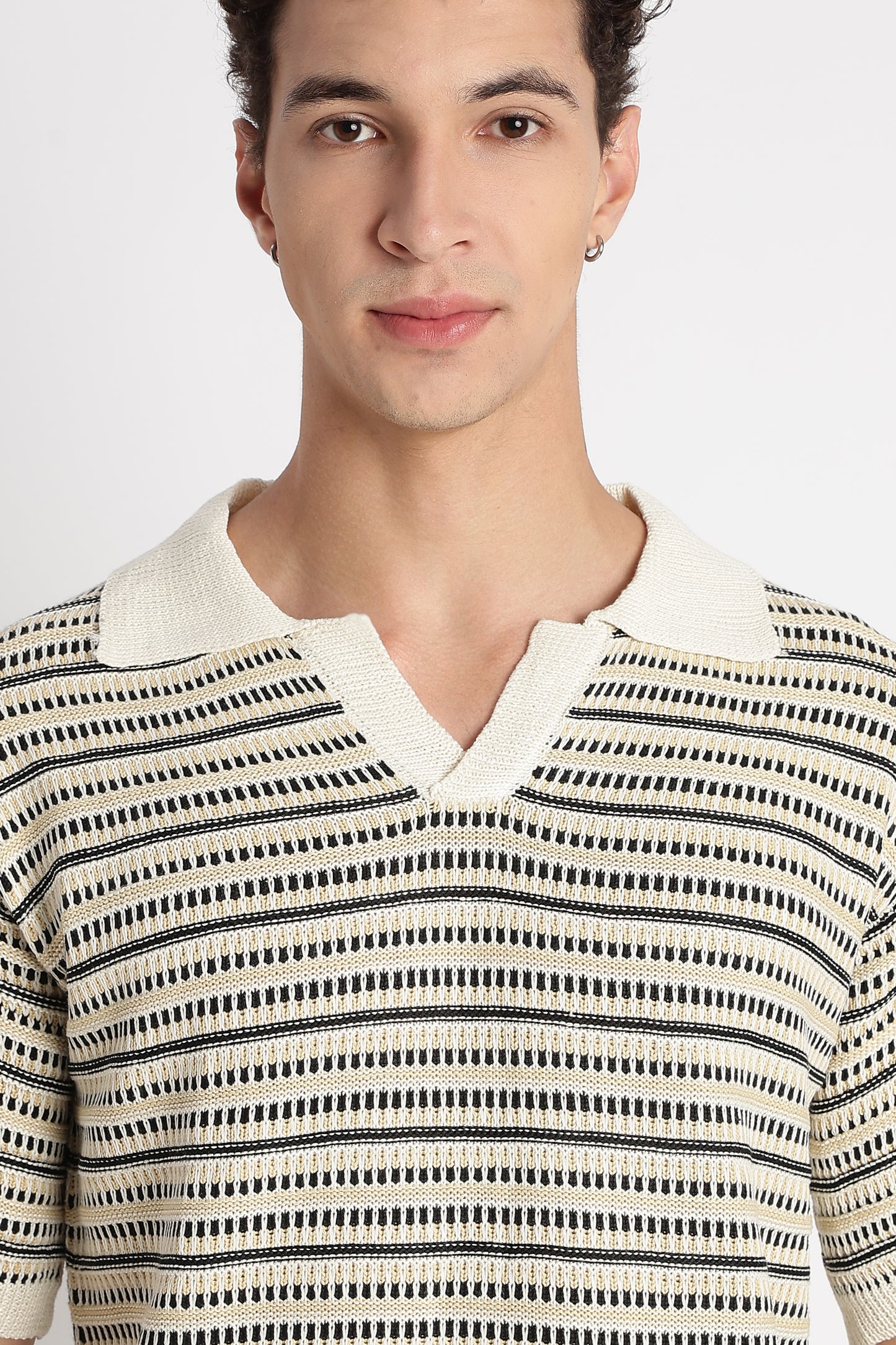 Stylish Striped Knit T-Shirt Beige