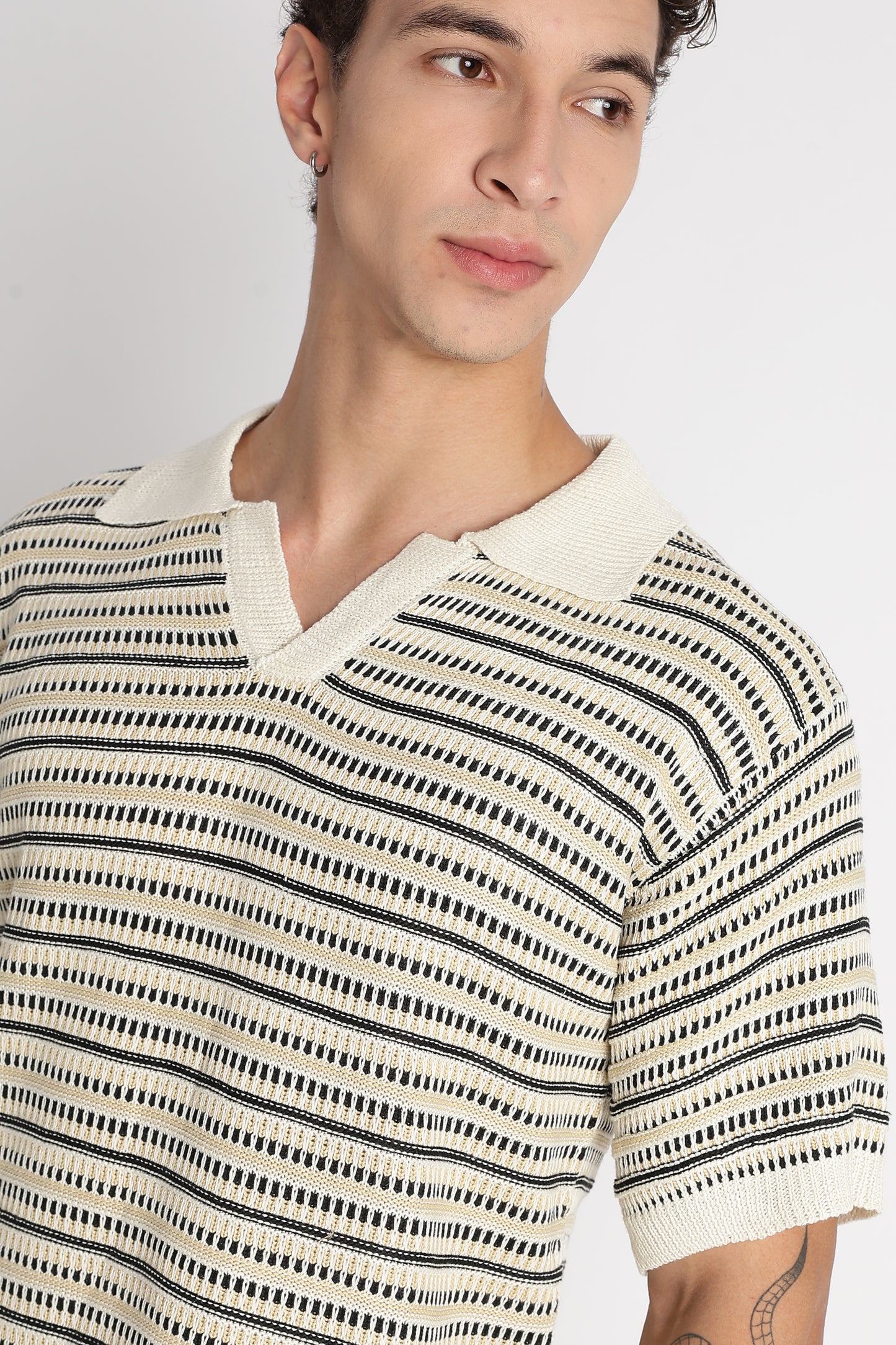 Stylish Striped Knit T-Shirt Beige