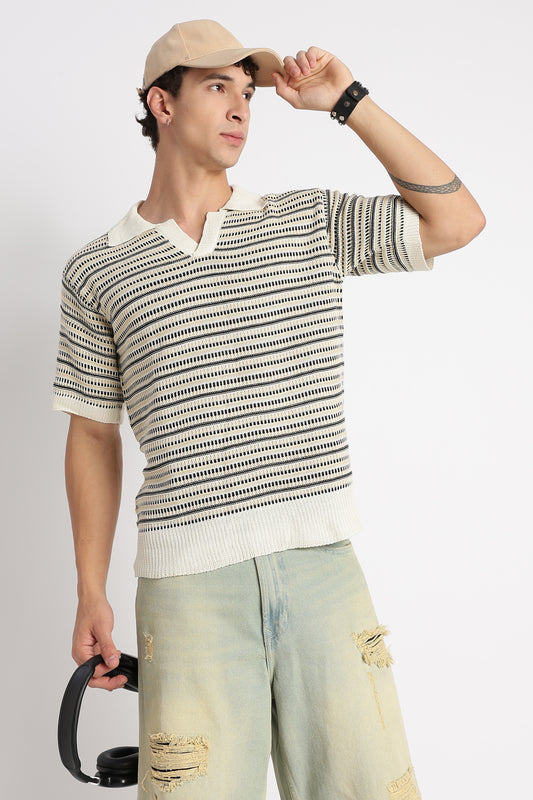 Stylish Striped Knit T-Shirt Beige