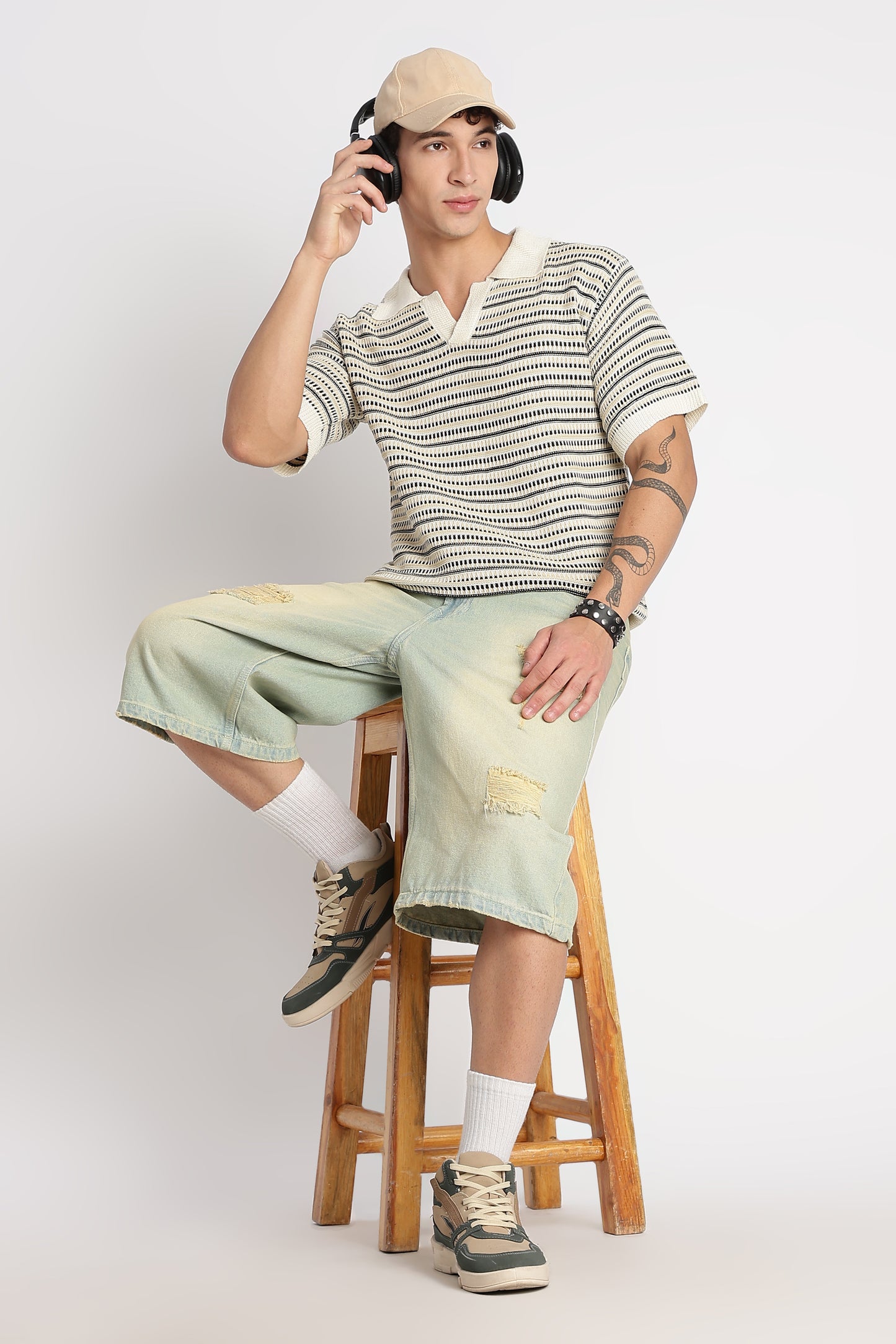 Stylish Striped Knit T-Shirt Beige