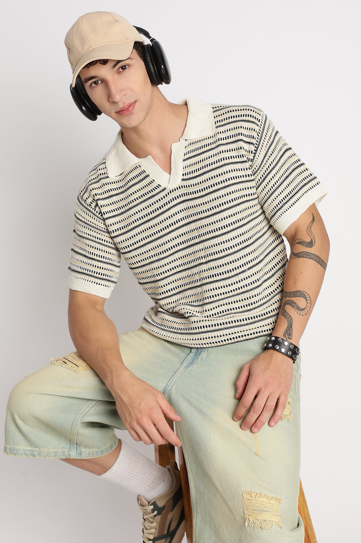 Stylish Striped Knit T-Shirt Beige
