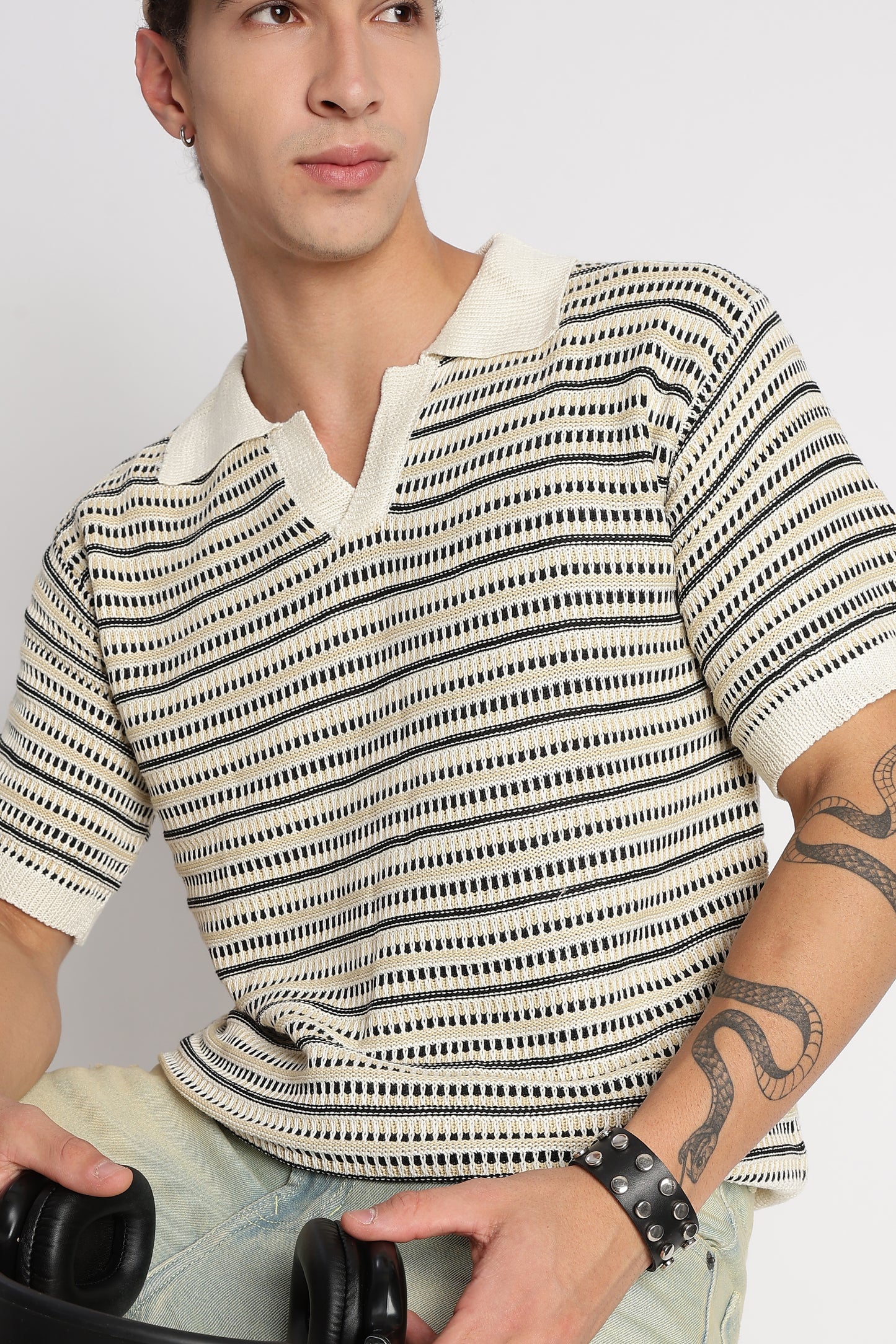 Stylish Striped Knit T-Shirt Beige
