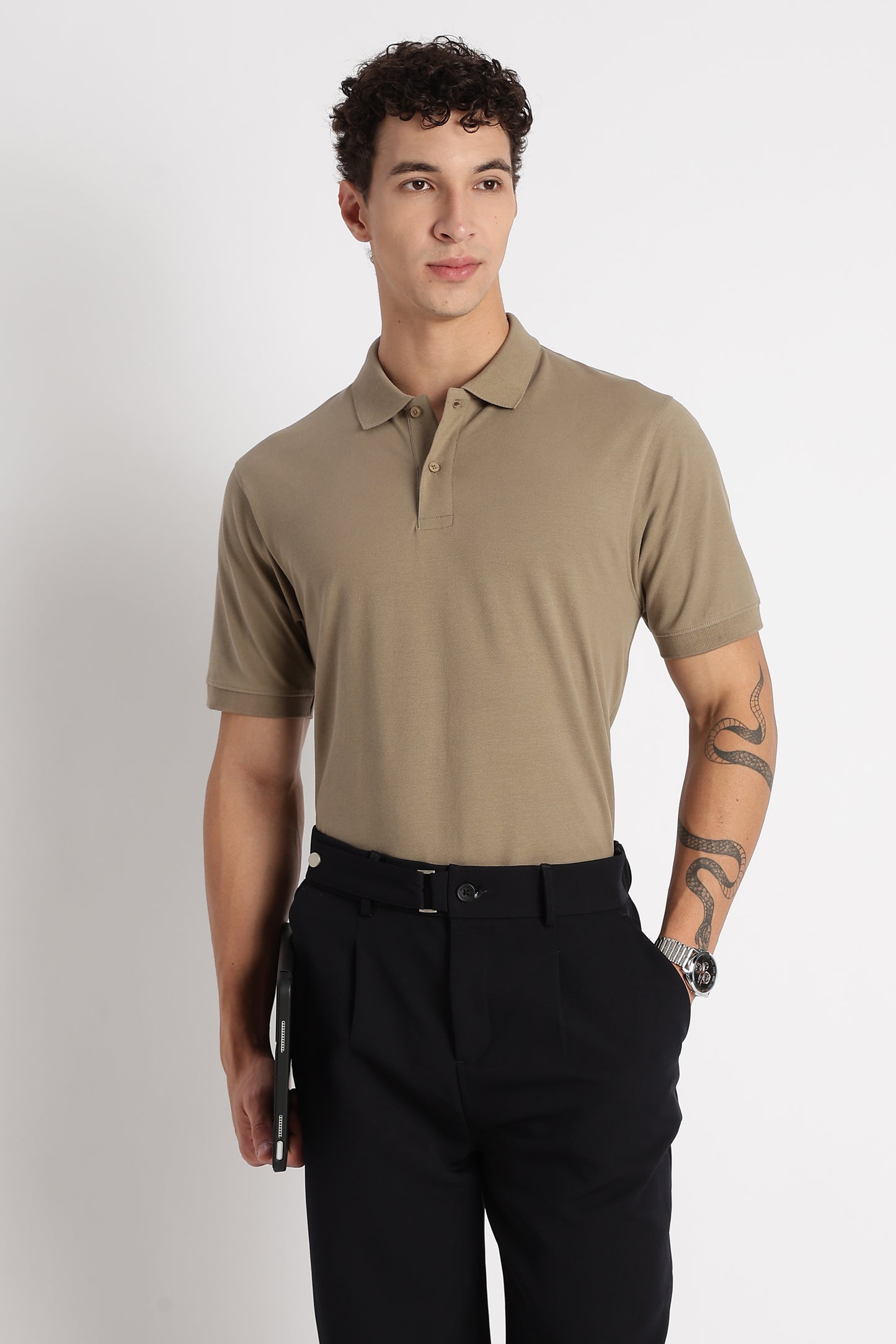 Premium Stretch Cotton Slim Fit Polo T-Shirt Khaki
