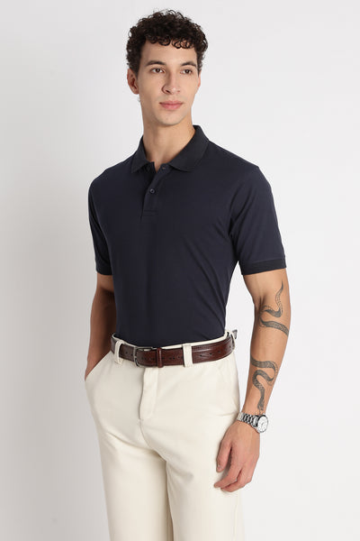 Premium Stretch Cotton Slim Fit Polo T-Shirt Navy