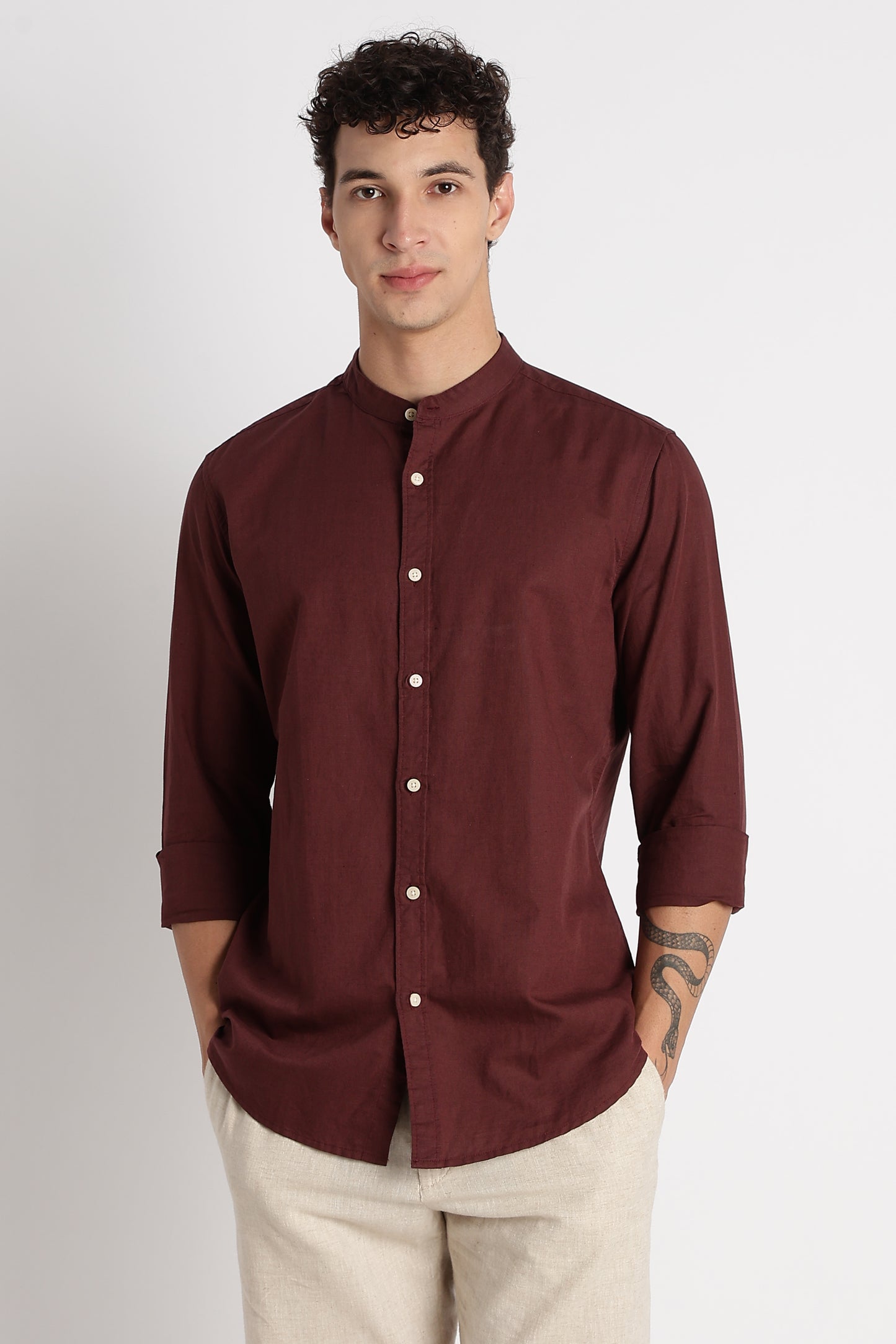 Cotton Linen Slim Fit Shirt Maroon