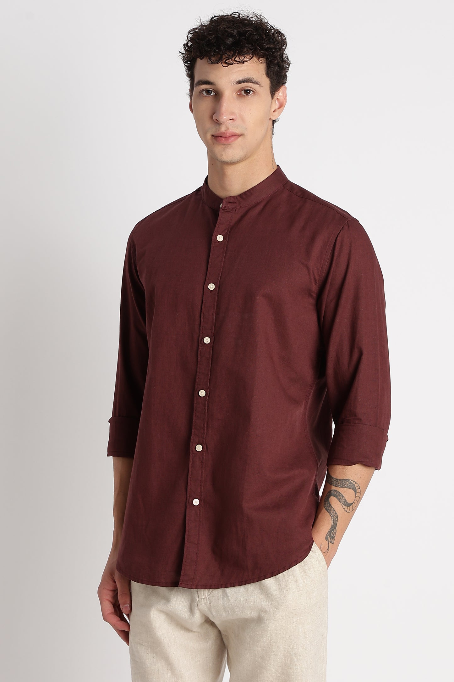 Cotton Linen Slim Fit Shirt Maroon