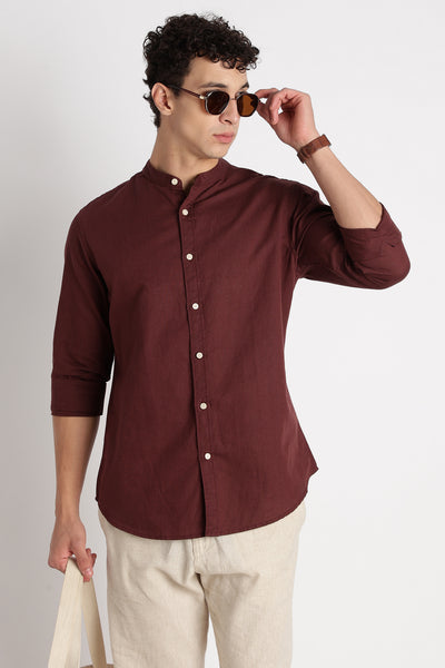 Cotton Linen Slim Fit Shirt Maroon