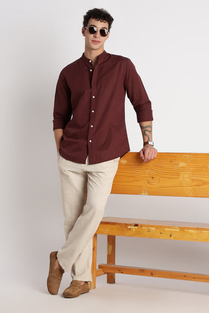 Cotton Linen Slim Fit Shirt Maroon