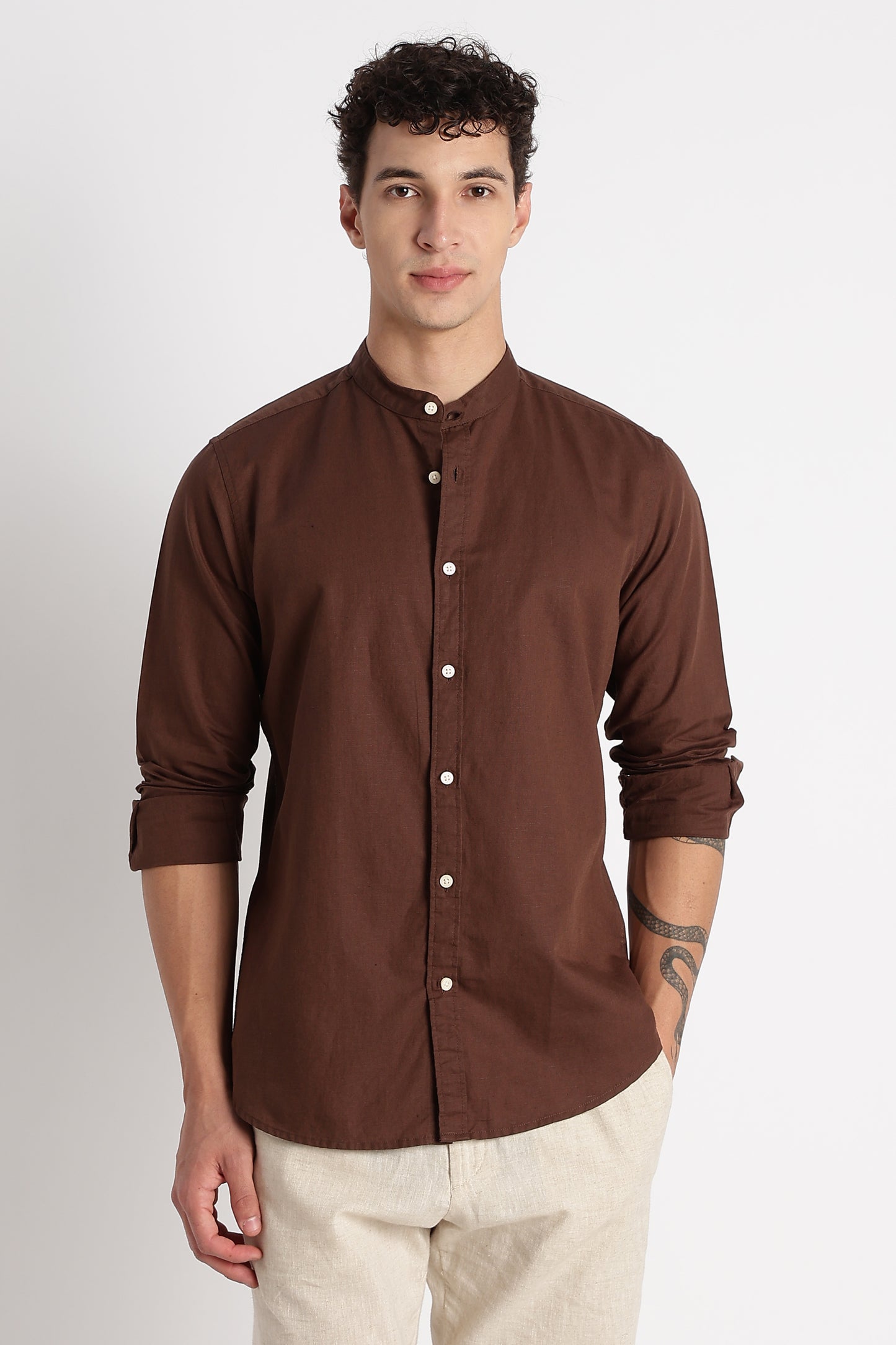 Cotton Linen Slim Fit Shirt Coffee