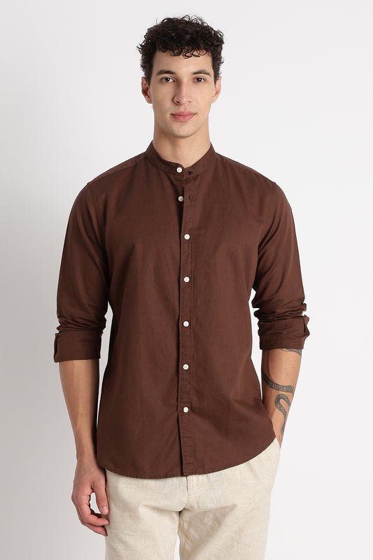 Cotton Linen Slim Fit Shirt Coffee