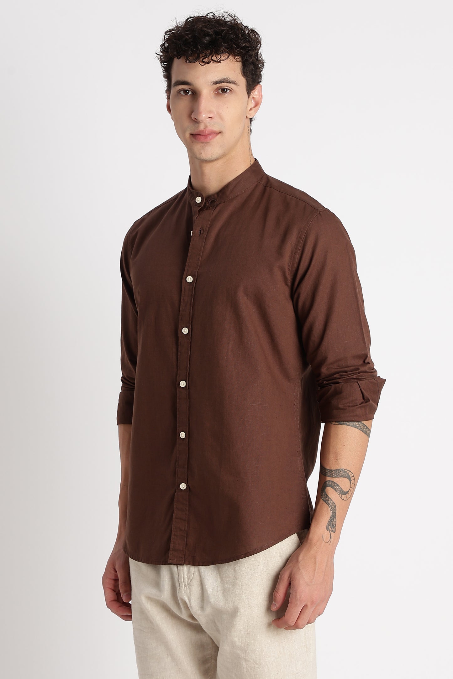 Cotton Linen Slim Fit Shirt Coffee