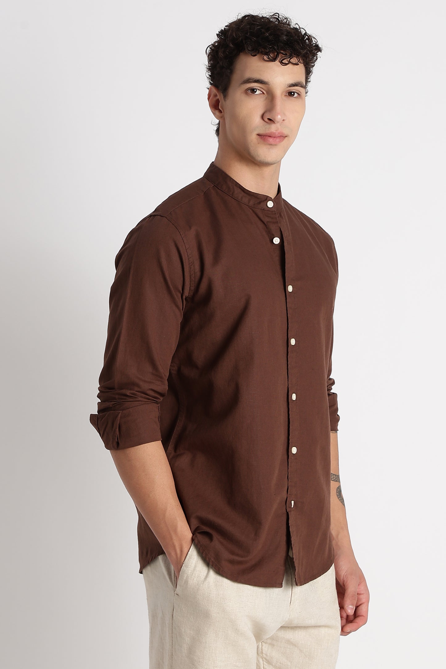 Cotton Linen Slim Fit Shirt Coffee
