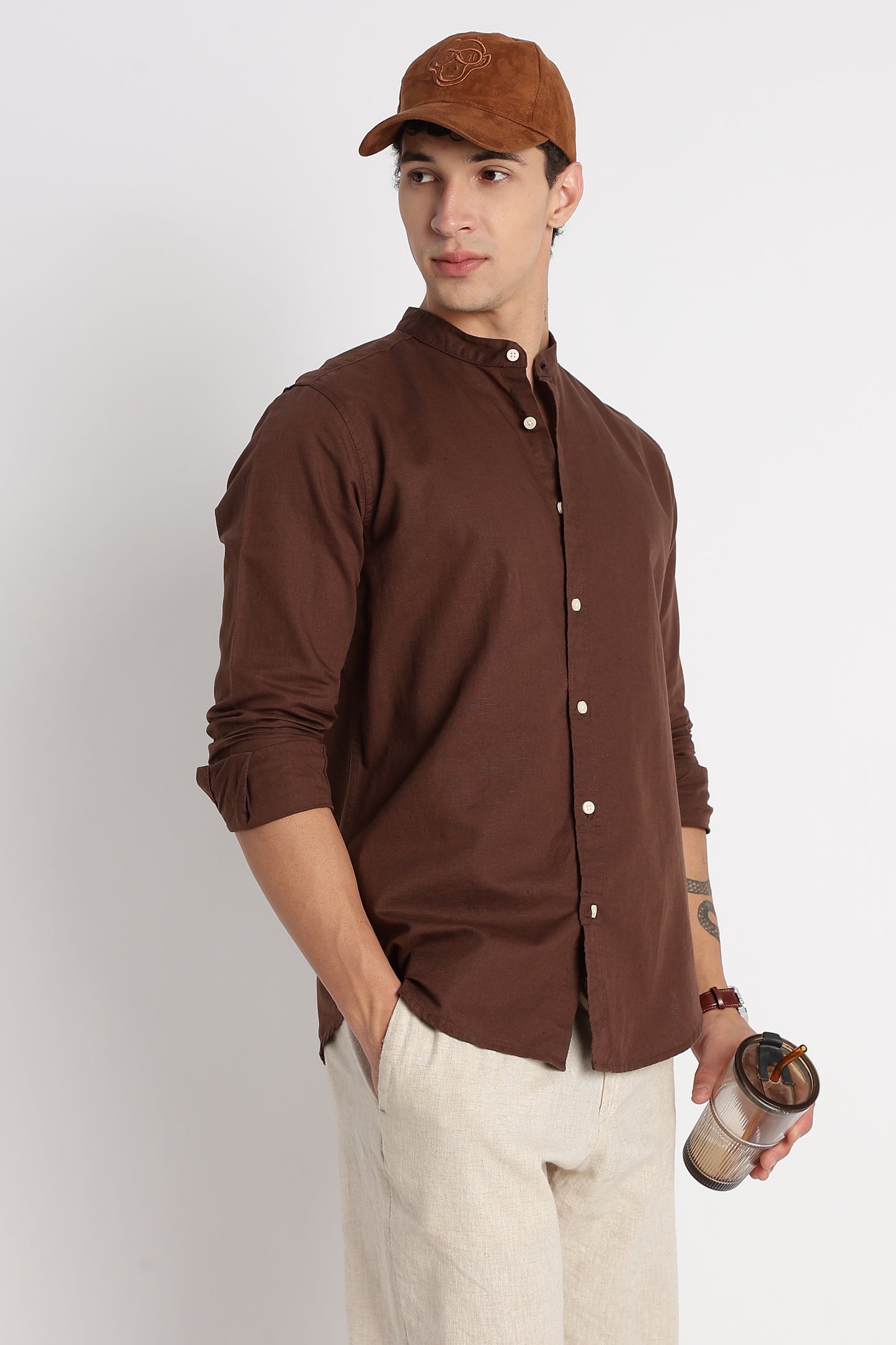 Cotton Linen Slim Fit Shirt Coffee