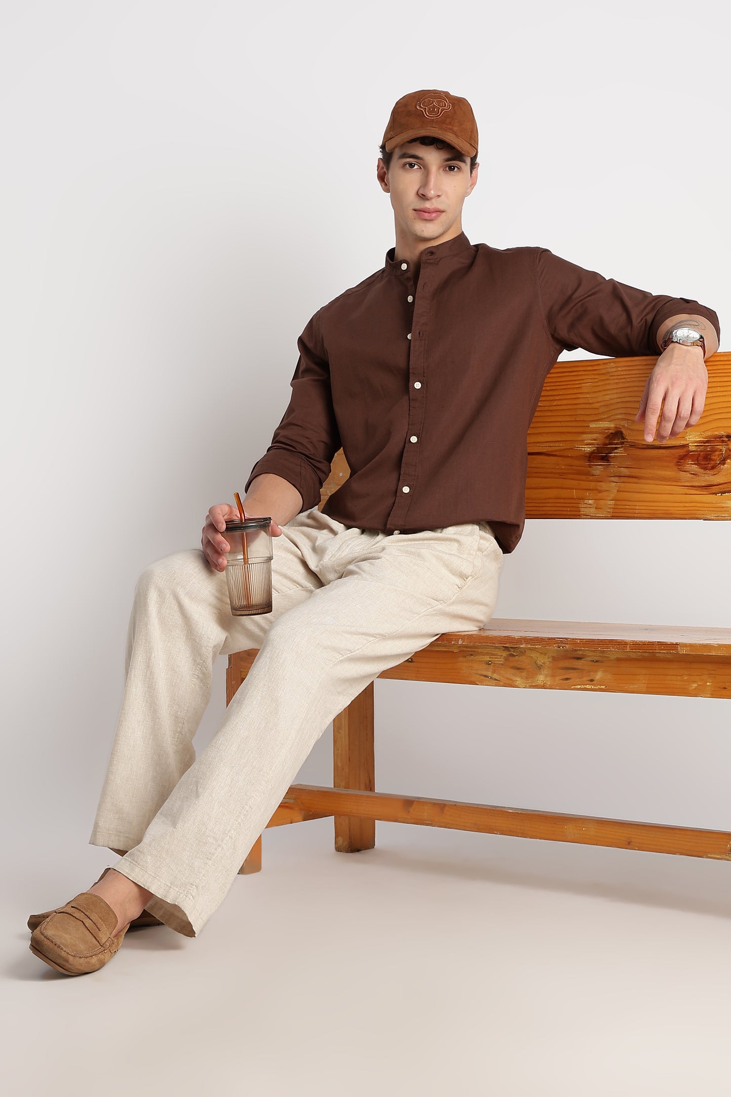 Cotton Linen Slim Fit Shirt Coffee