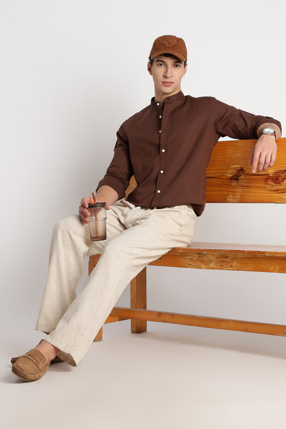 Cotton Linen Slim Fit Shirt Coffee