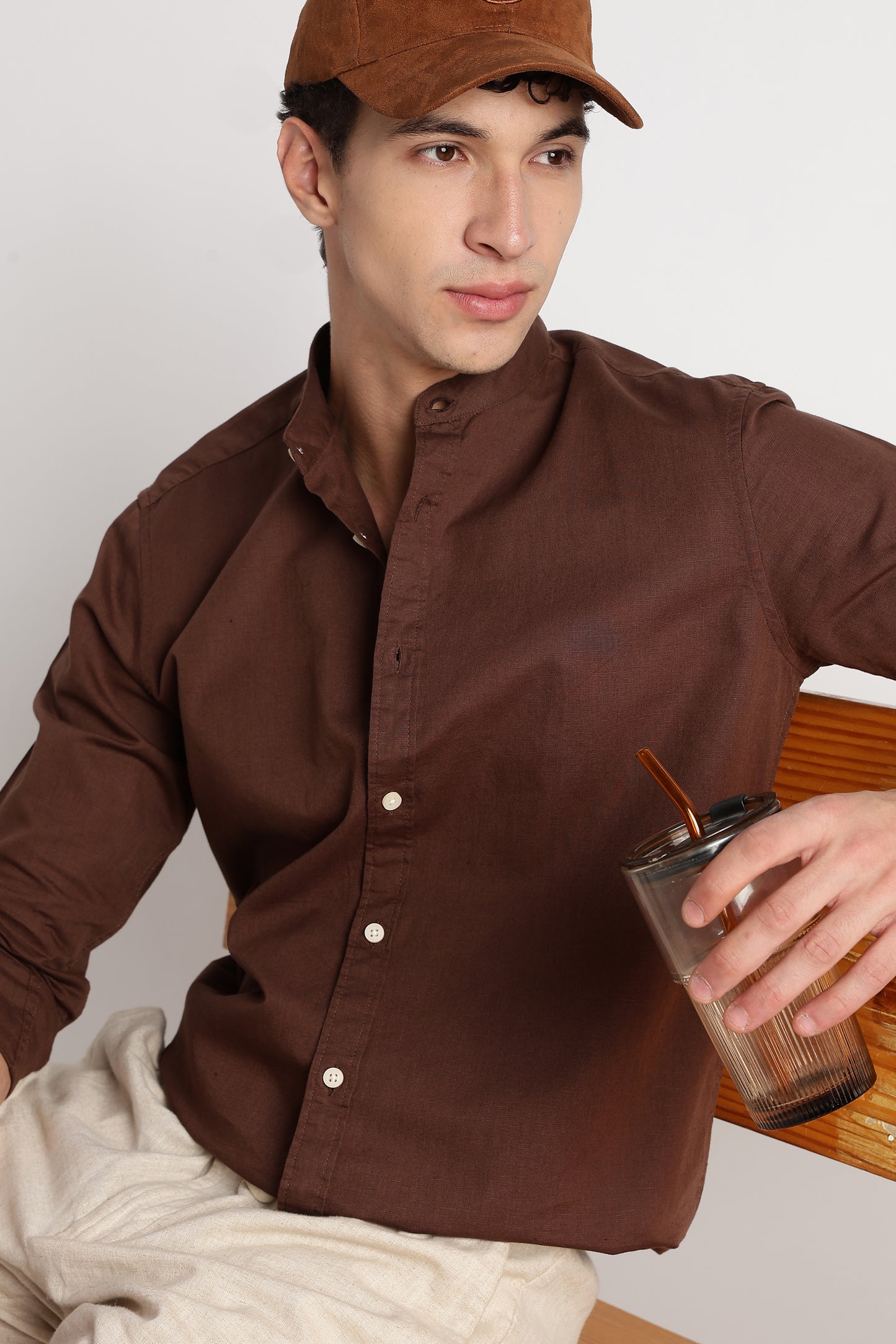 Cotton Linen Slim Fit Shirt Coffee