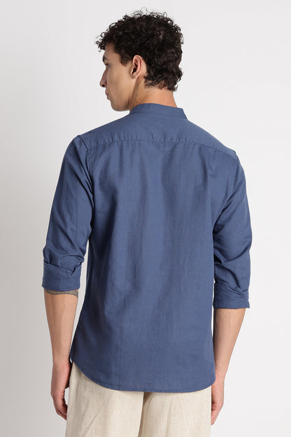 Cotton Linen Slim Fit Shirt Blue