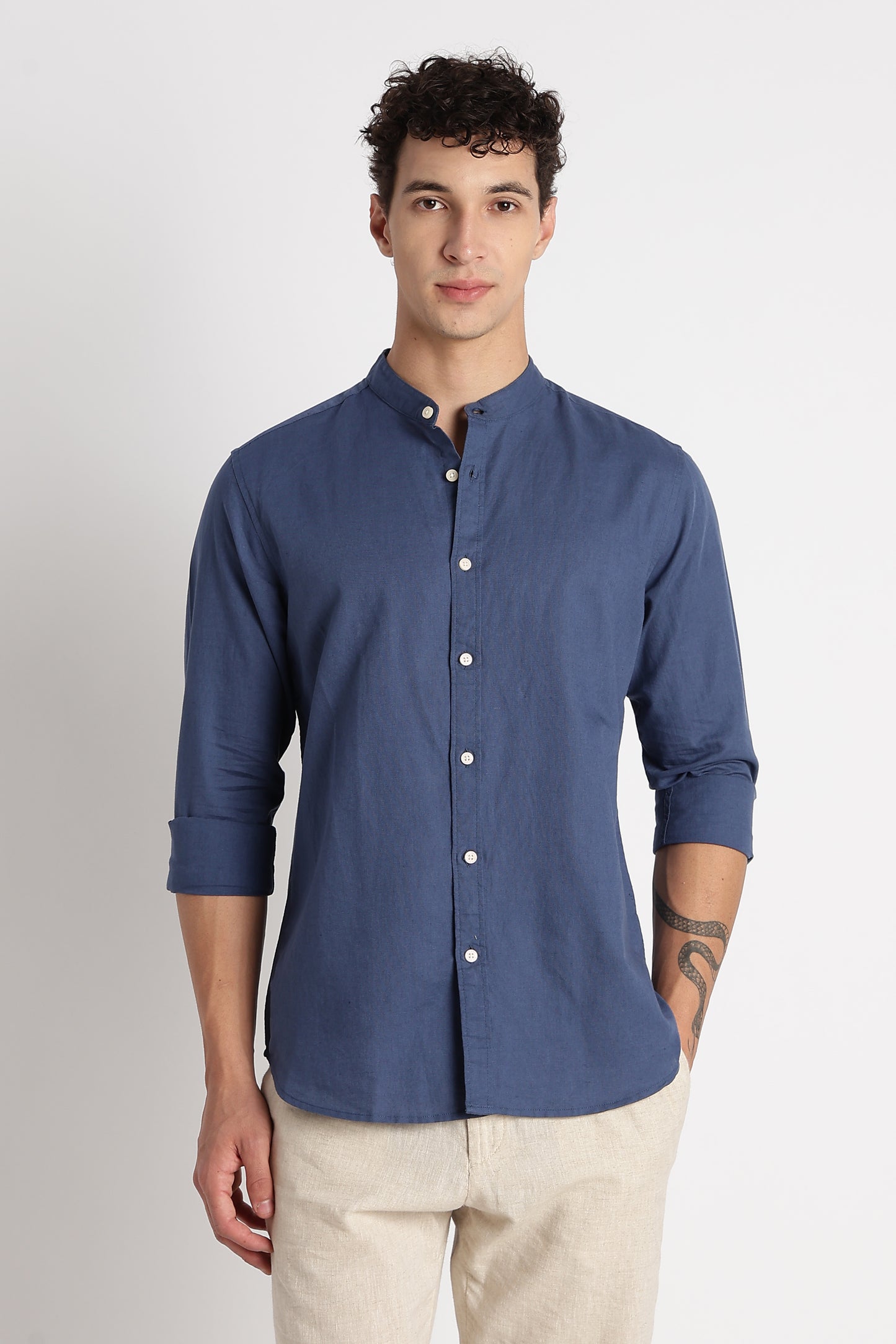 Cotton Linen Slim Fit Shirt Blue
