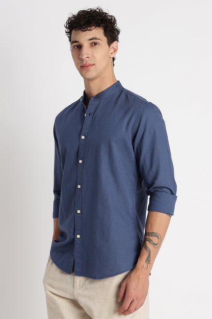 Cotton Linen Slim Fit Shirt Blue