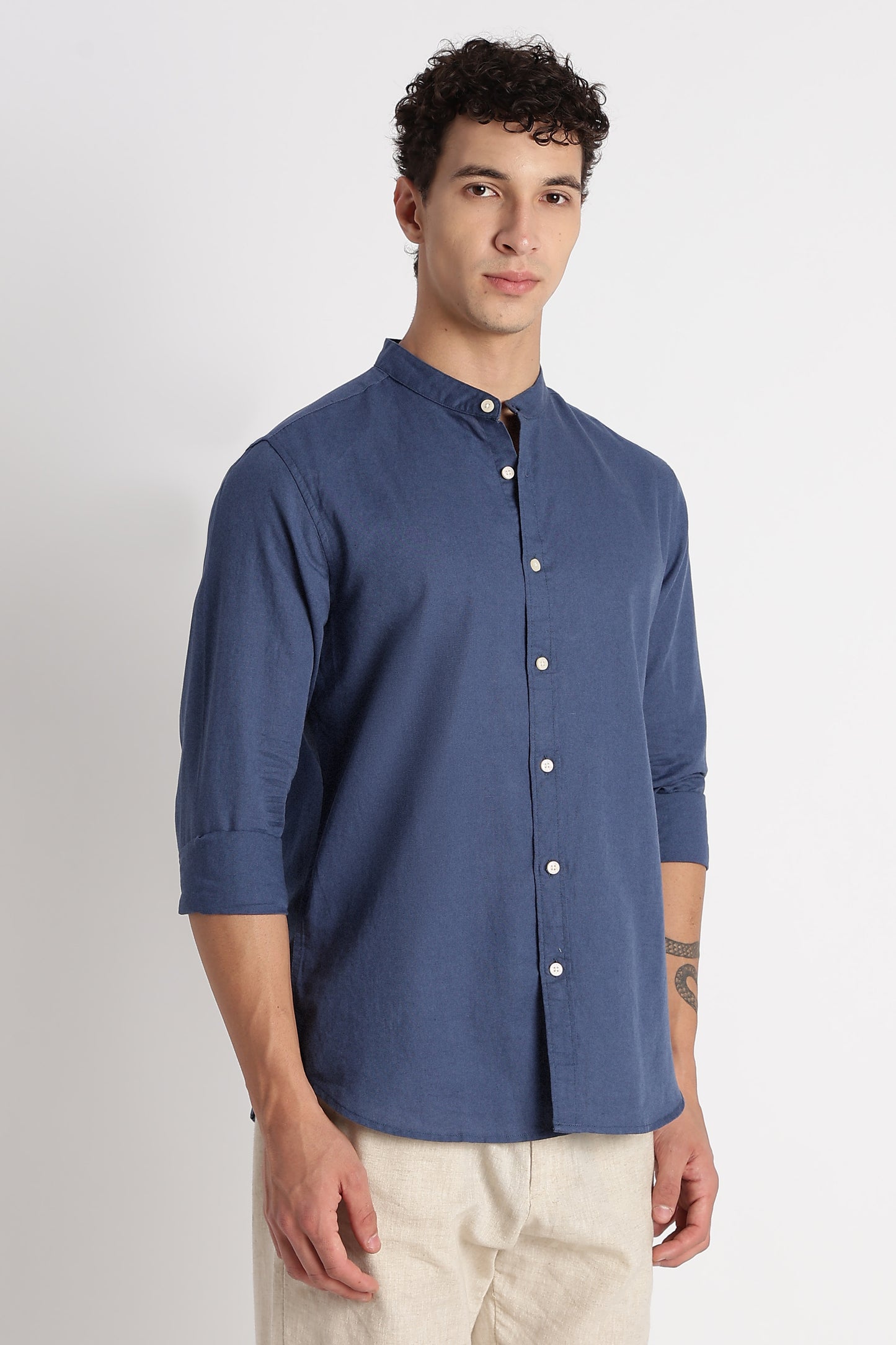 Cotton Linen Slim Fit Shirt Blue
