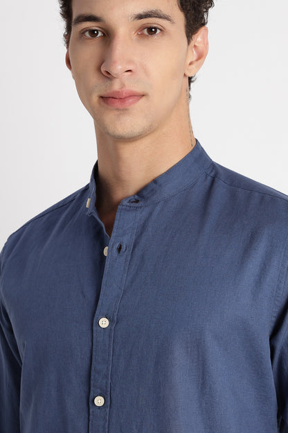 Cotton Linen Slim Fit Shirt Blue