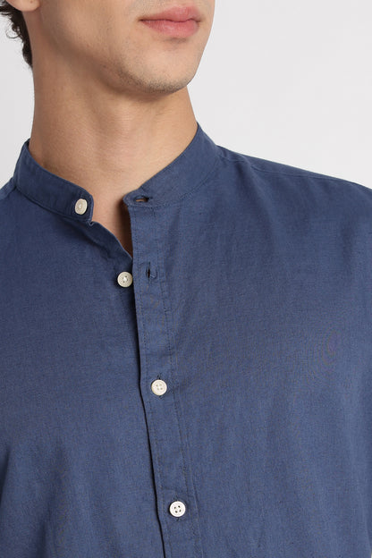 Cotton Linen Slim Fit Shirt Blue