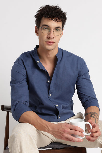Cotton Linen Slim Fit Shirt Blue