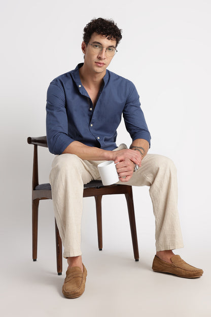 Cotton Linen Slim Fit Shirt Blue