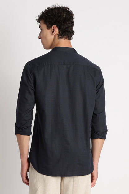Cotton Linen Slim Fit Shirt Navy