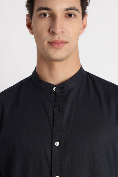 Cotton Linen Slim Fit Shirt Navy