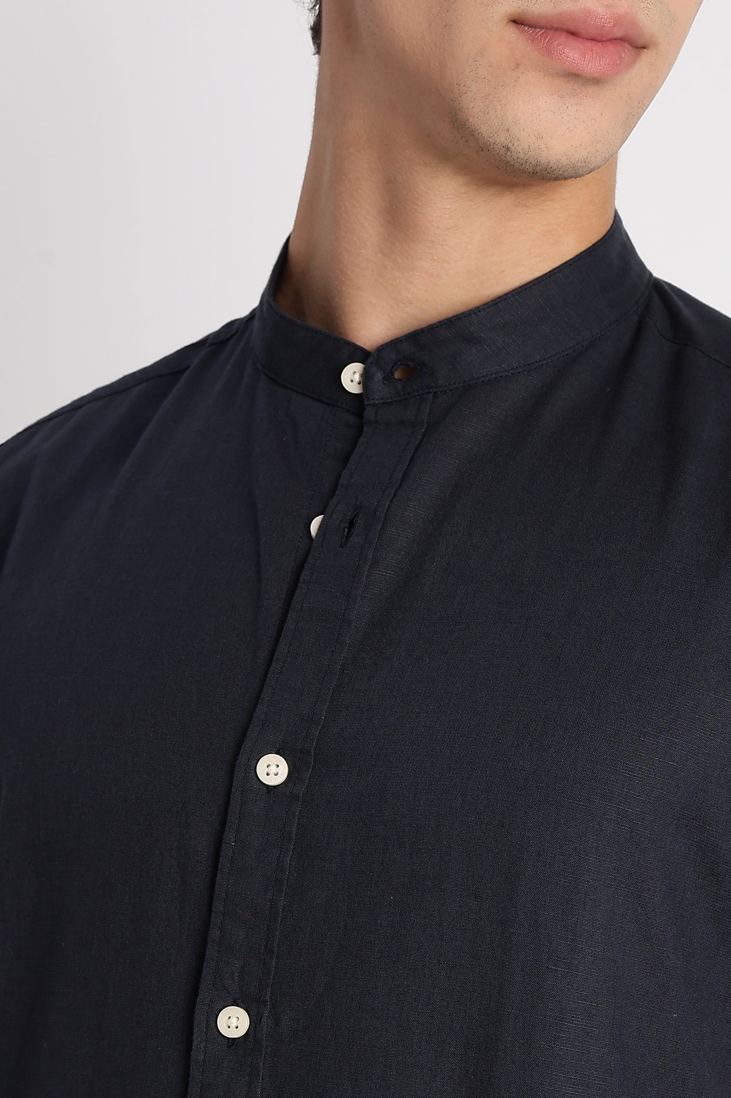 Cotton Linen Slim Fit Shirt Navy
