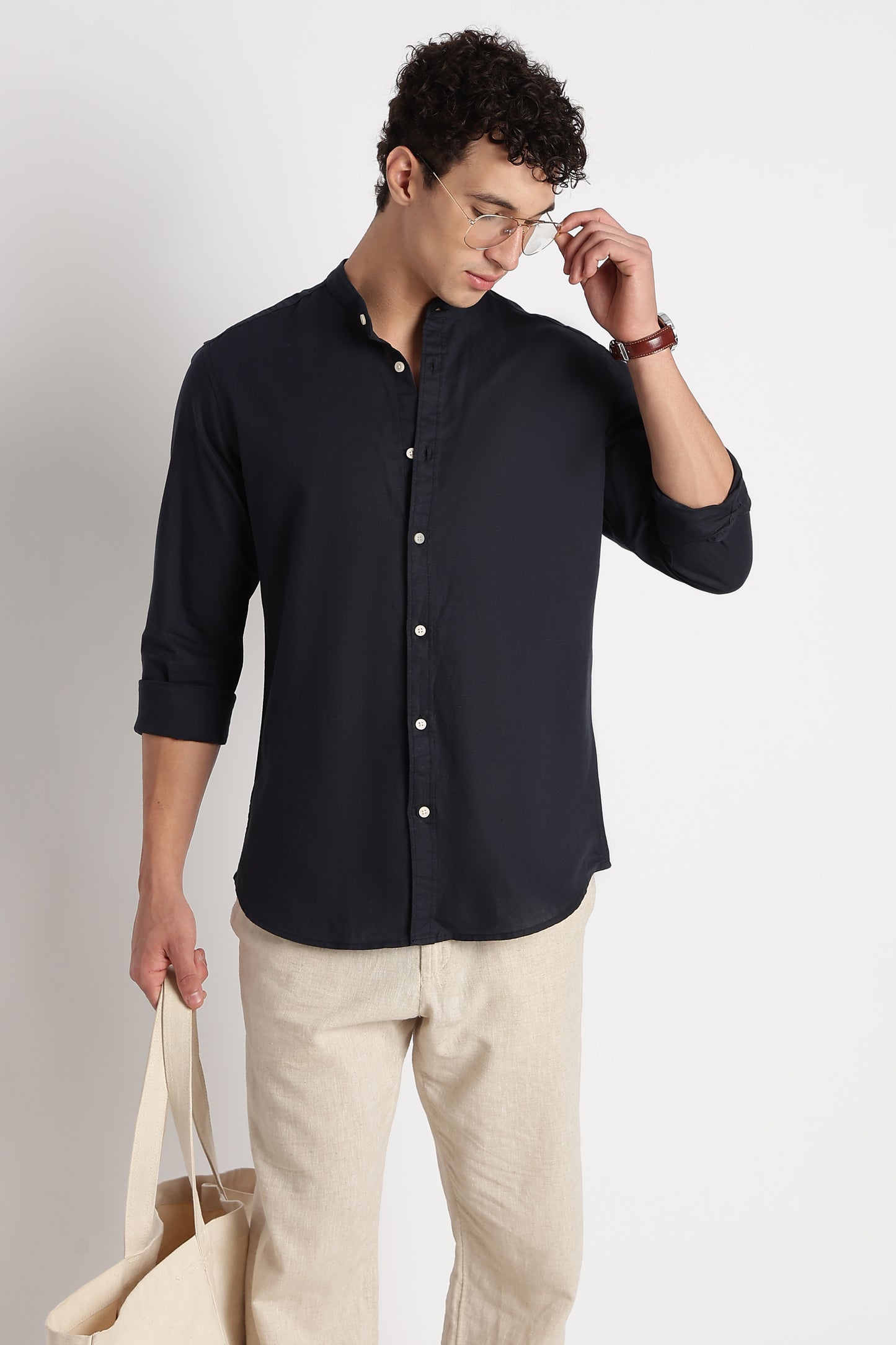 Cotton Linen Slim Fit Shirt Navy