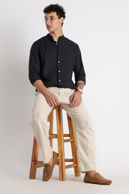 Cotton Linen Slim Fit Shirt Navy