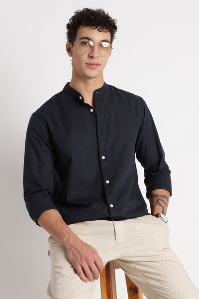 Cotton Linen Slim Fit Shirt Navy