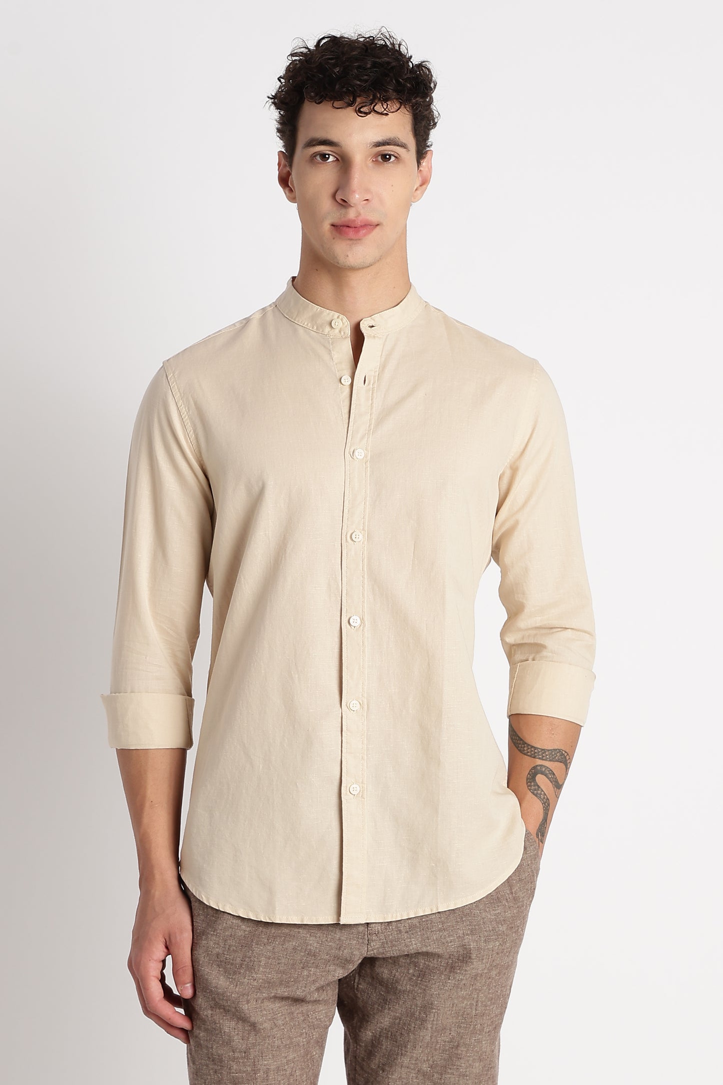 Cotton Linen Slim Fit Shirt Beige