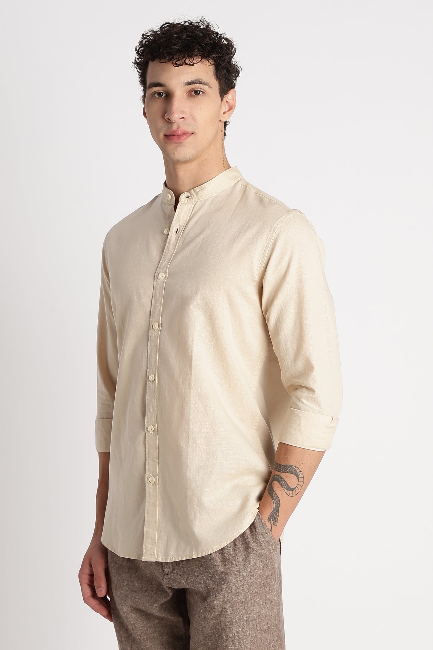 Cotton Linen Slim Fit Shirt Beige