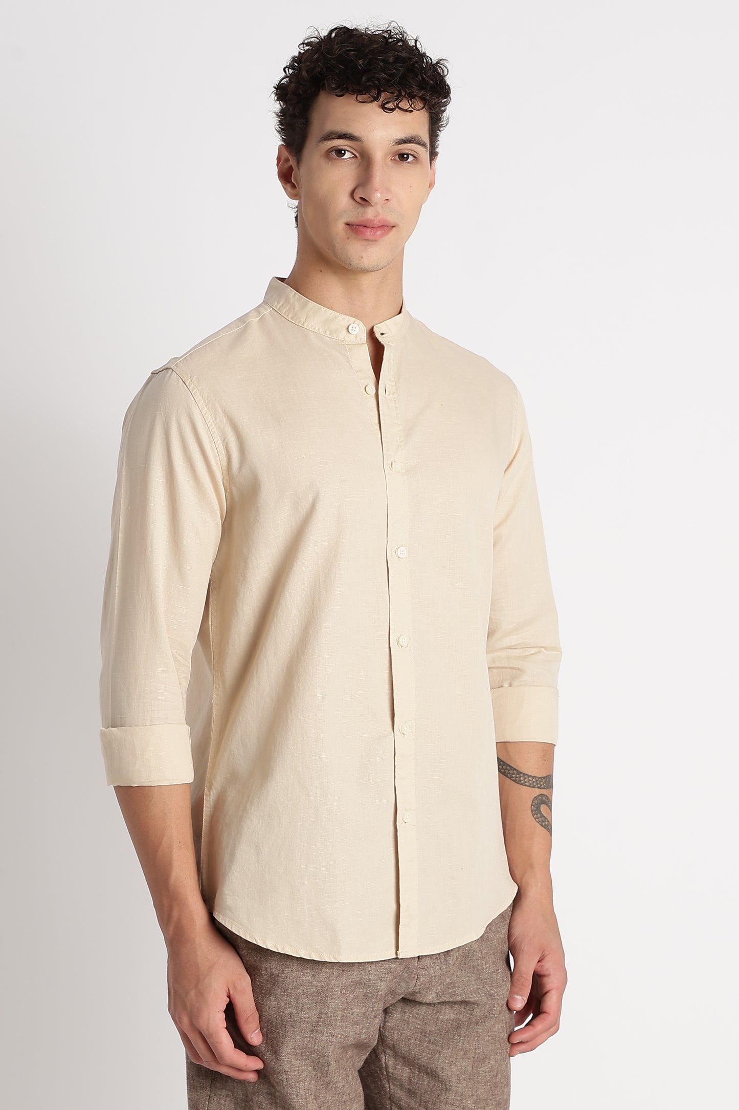 Cotton Linen Slim Fit Shirt Beige