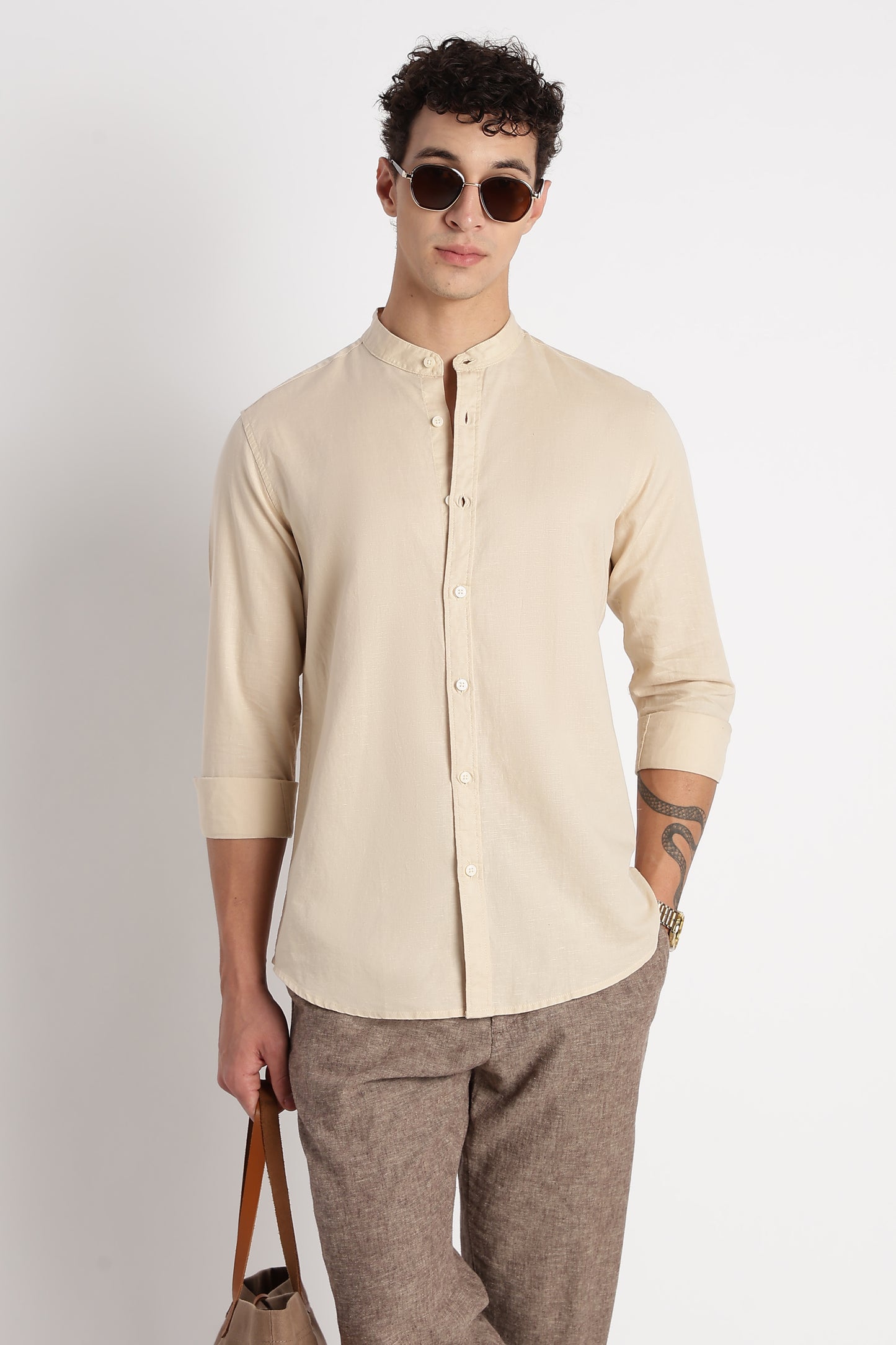 Cotton Linen Slim Fit Shirt Beige