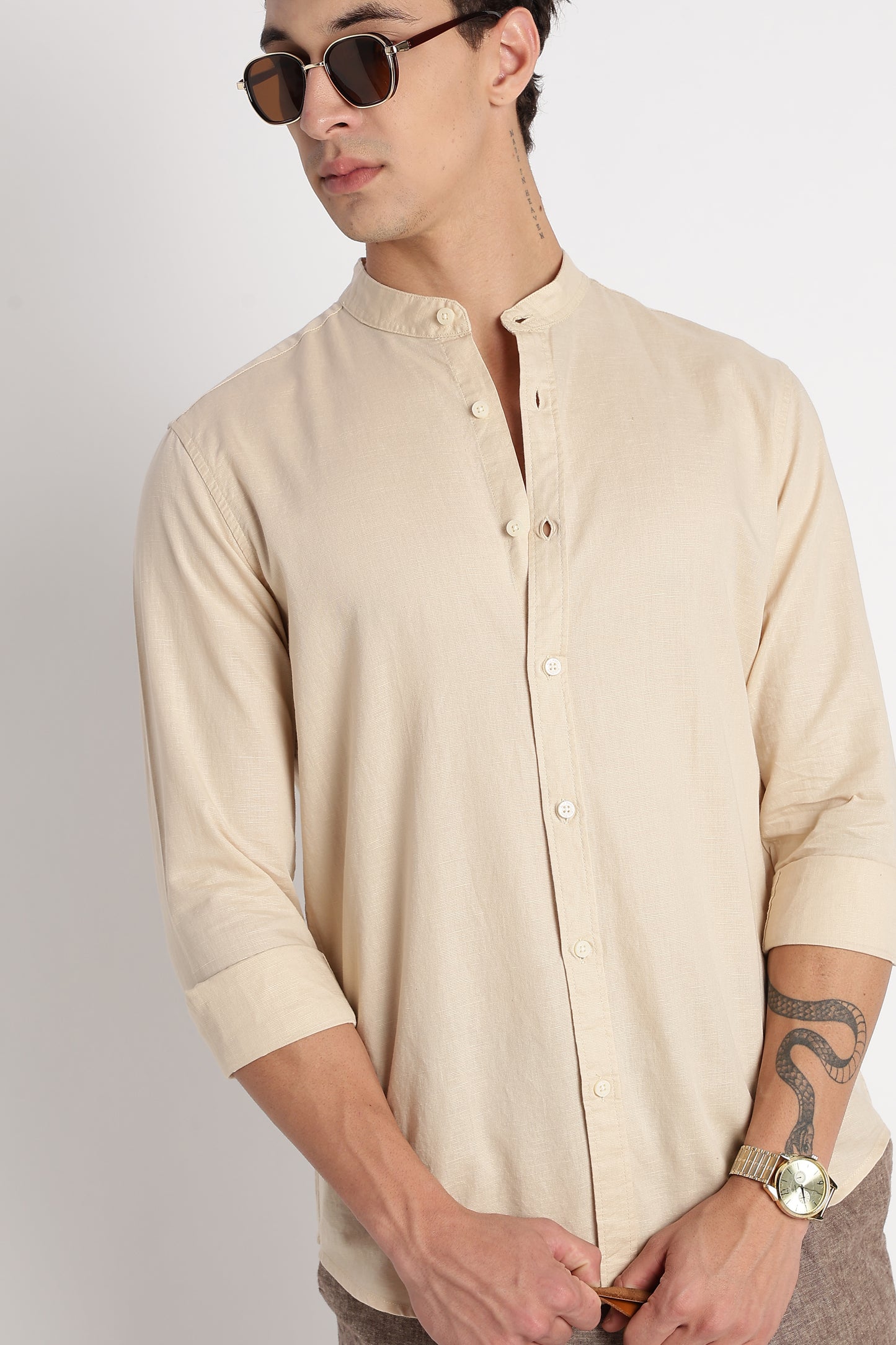 Cotton Linen Slim Fit Shirt Beige