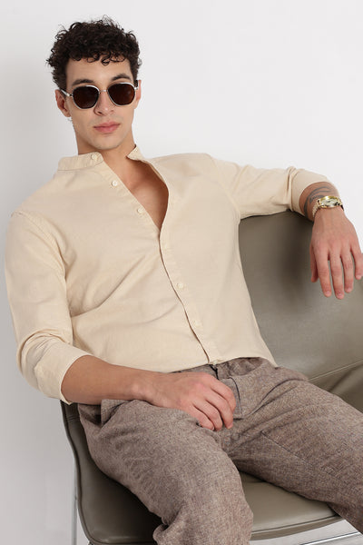 Men's Beige Chinese Collar Linen Shirt - Slim Fit